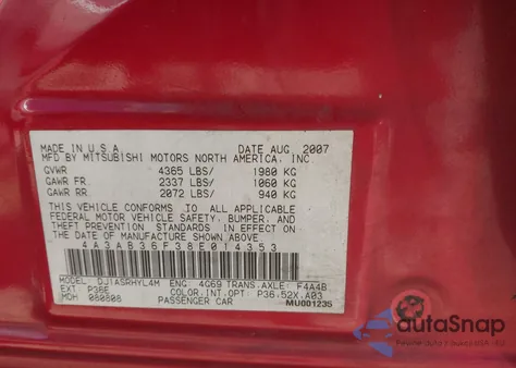 2008 Mitsubishi Galant Es z USA, uszkodzony, nr VIN 4A3AB36F38E014353